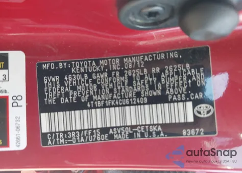 2012 Toyota Camry Se Limited Edition from USA, damaged, VIN 4T1BF1FK4CU612409
